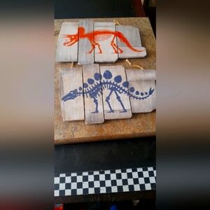Handmade Wooden Dinosaur Wall Plaques - Orange & Navy